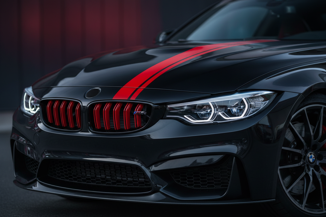 create a closeup image of bmw car try to use black and red color majorly 