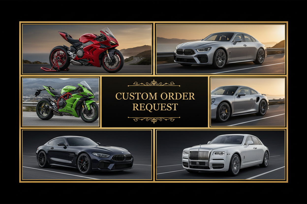 Create an image for a banner in landscape format with using grid images of luxurious bikes and cars The image should contain a text of custom order request and make it more classy and attractive
